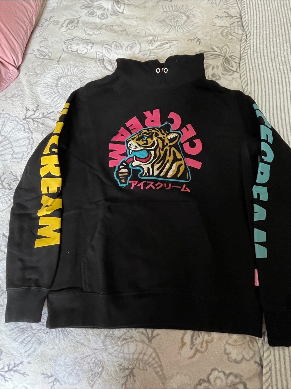 Icecream Black Hoodie with Tiger Graphic and Multicolor Sleeve Text